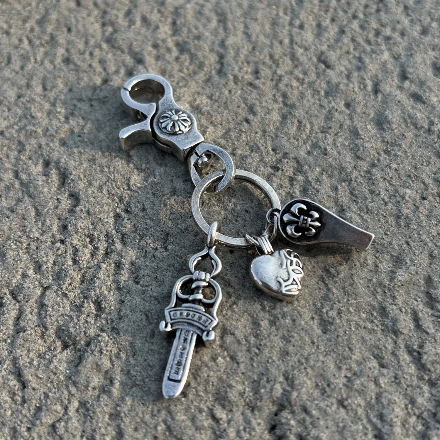 Chrome Hearts Keychain with Sword, Heart, and Fleur-de-Lis Charms - 002230