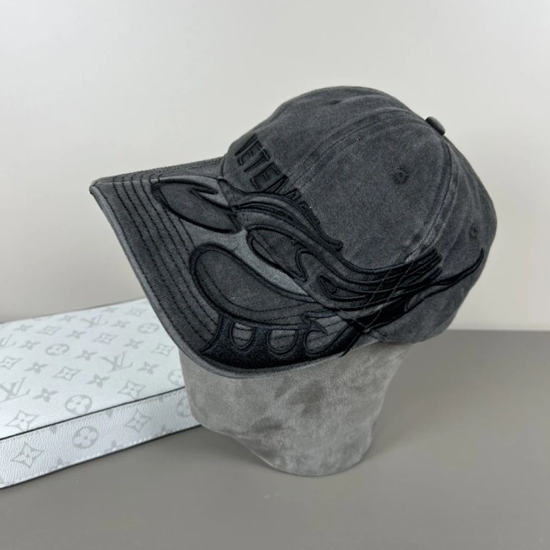 Flame Embroidered Washed Denim Baseball Cap Gray