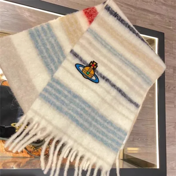 Vivienne Westwood Orb Logo Embroidered Cream Sweater with Pastel Plaid Scarf - 3