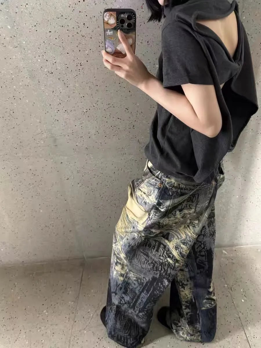 Acne Studios Distressed Graffiti Print Wide-Leg Jeans - 3
