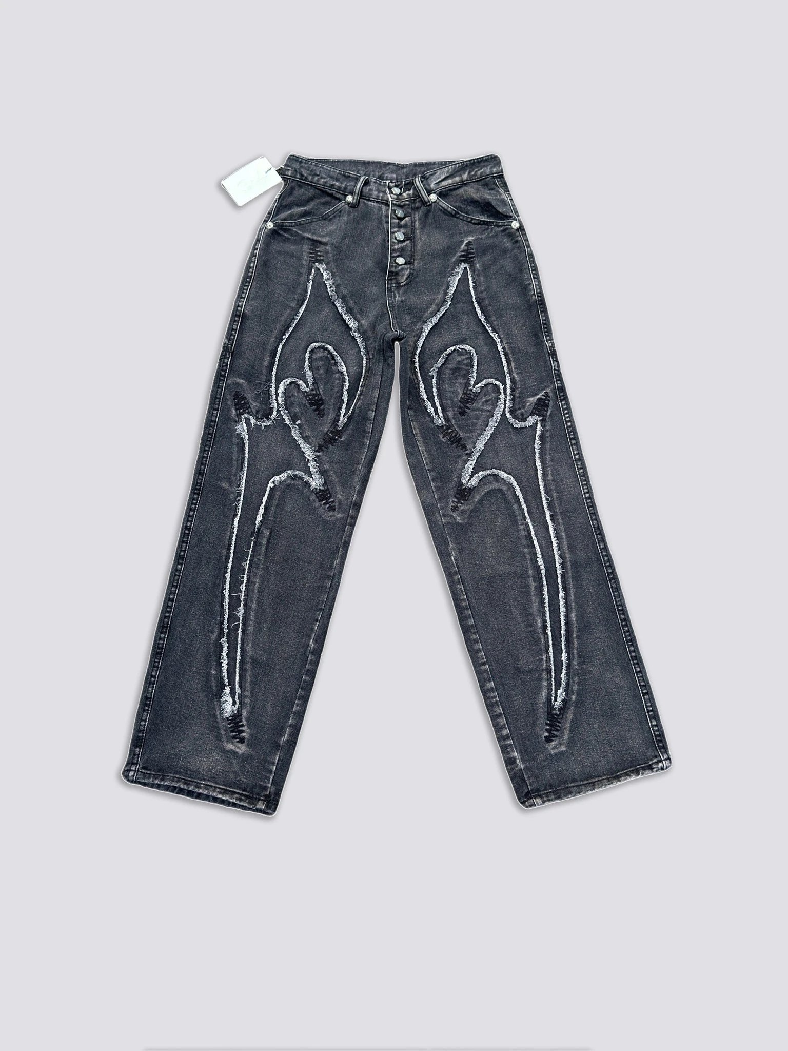 Thu * Clu * 24FW same laser splicing sickle pattern embroidery mid waist loose jeans men's embroidered washed hanging casual wide leg pants TH