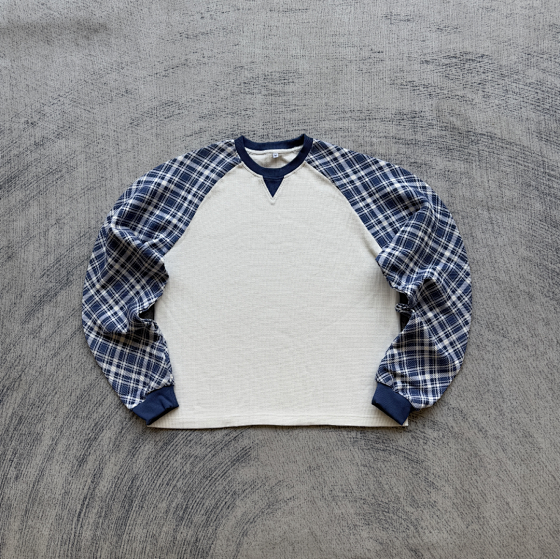 Fyredwrld retro checkered patchwork waffle long sleeved 'deep blue'