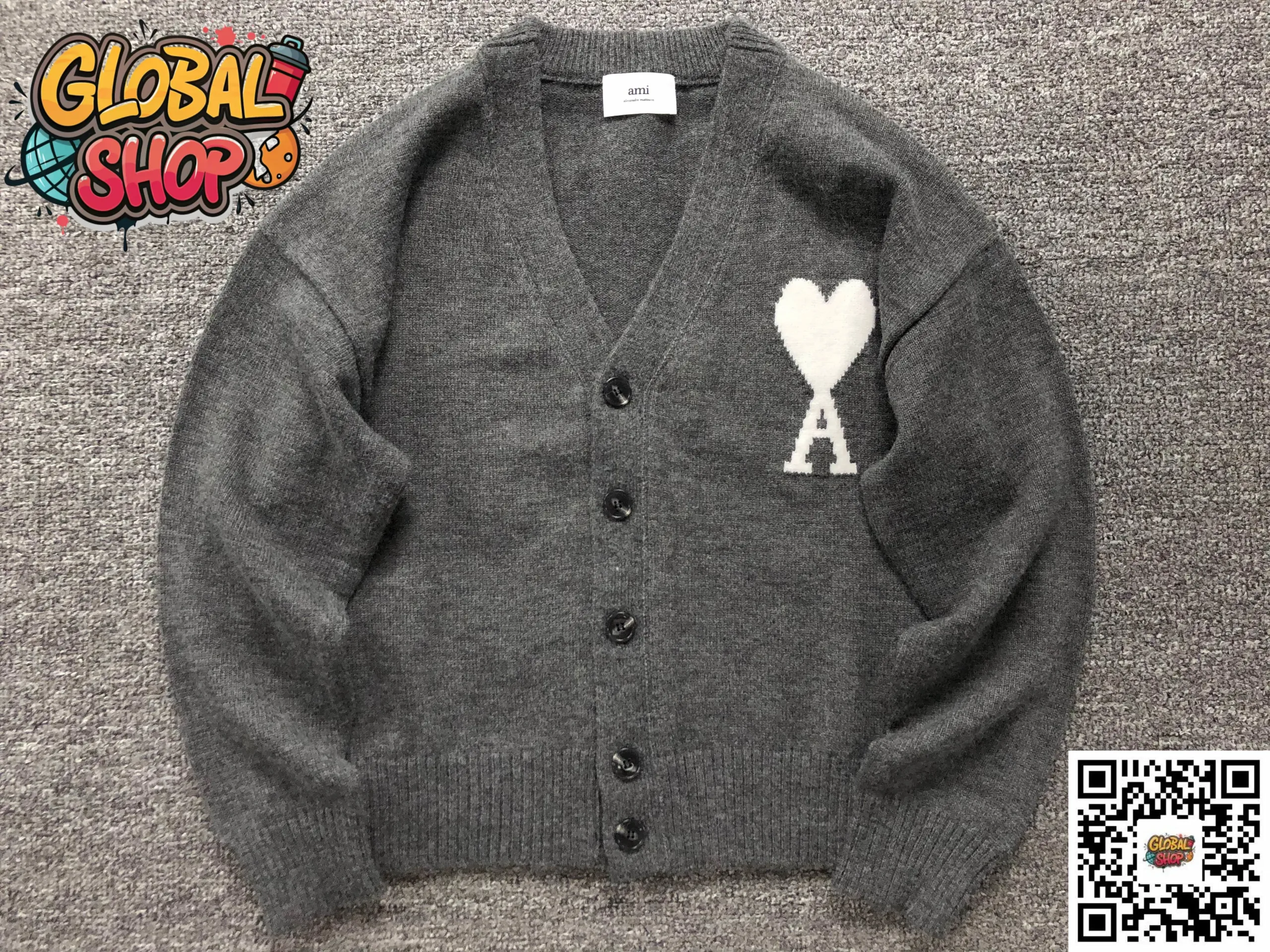 AMI Paris Grey Knitted A-Line Cardigan with Large White Heart