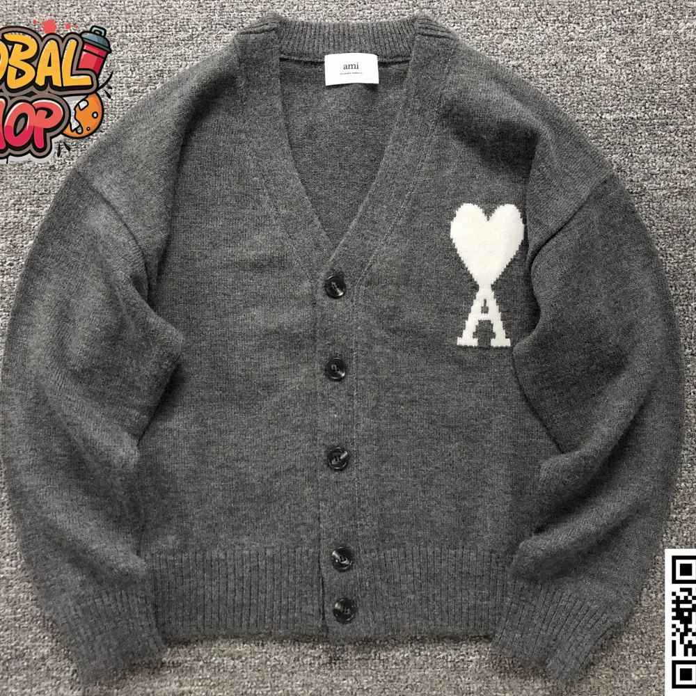 AMI Paris Grey Knitted A-Line Cardigan with Large White Heart