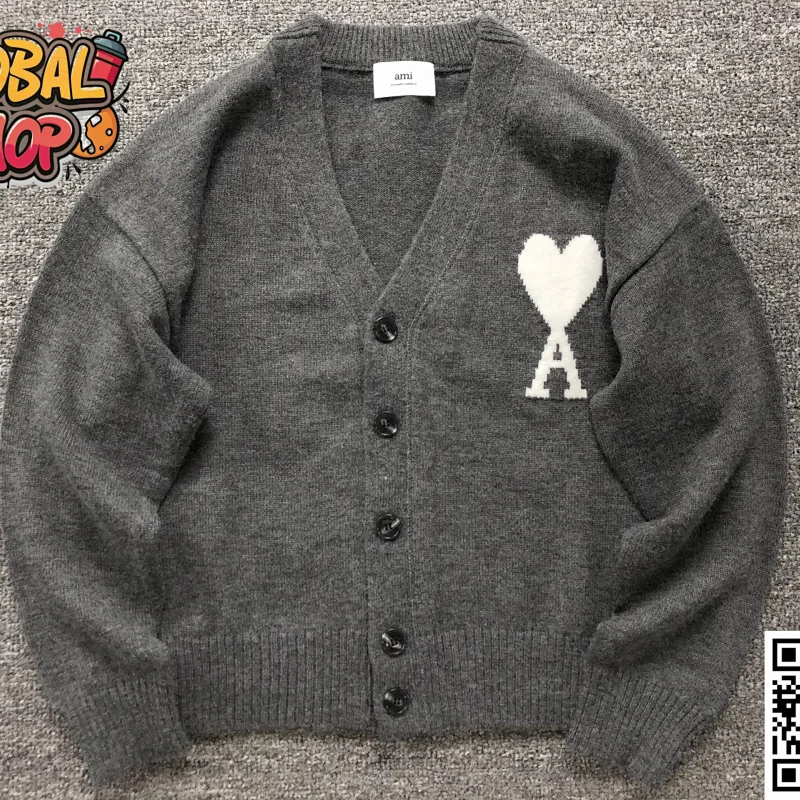 AMI Paris Grey Knitted A-Line Cardigan with Large White Heart - rep swetry