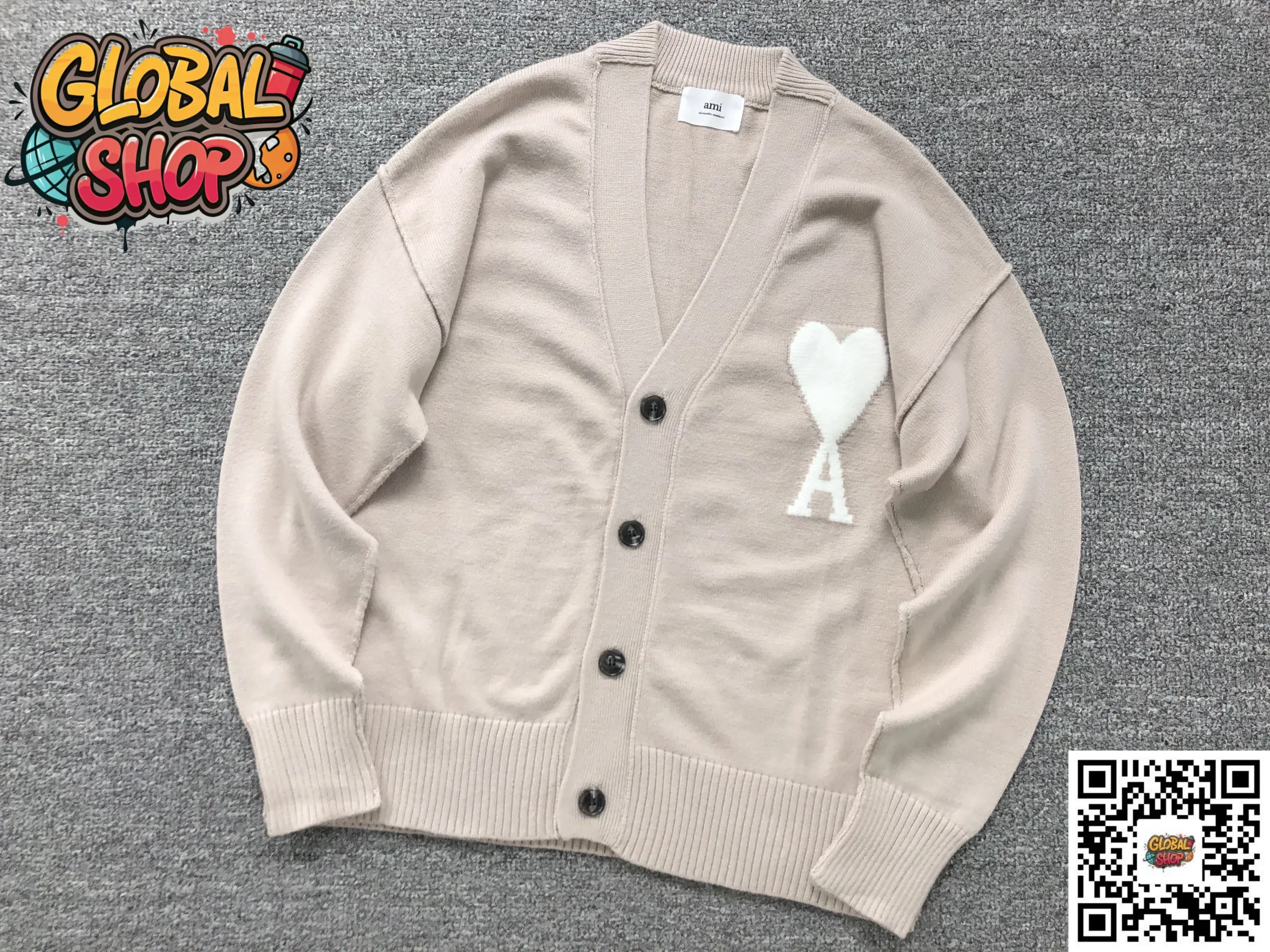 AMI Paris Big Heart A-Line Grey Knitted Cardigan