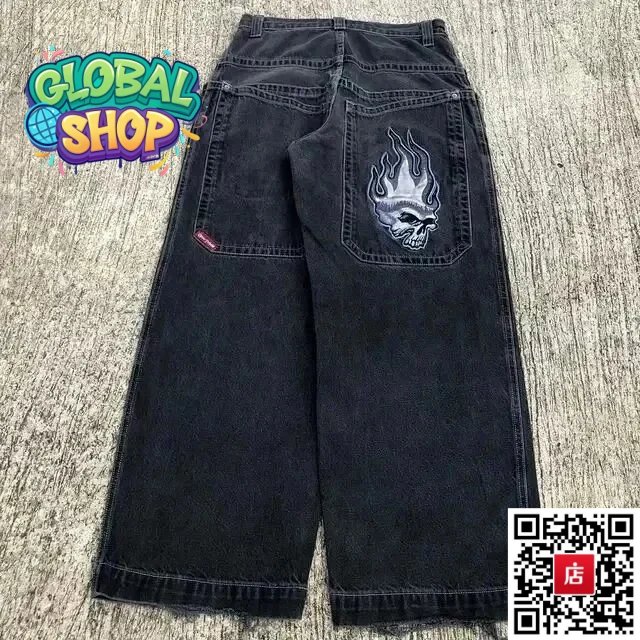 Global Shop Global Shop N38 Black Grey Flame Skull Jeans Black