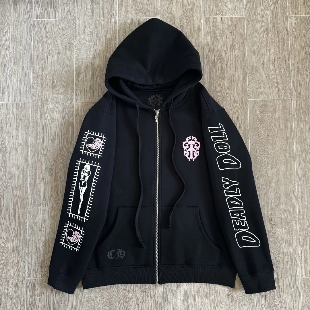 Sanskrit letter logo zipper hooded sweatshirt