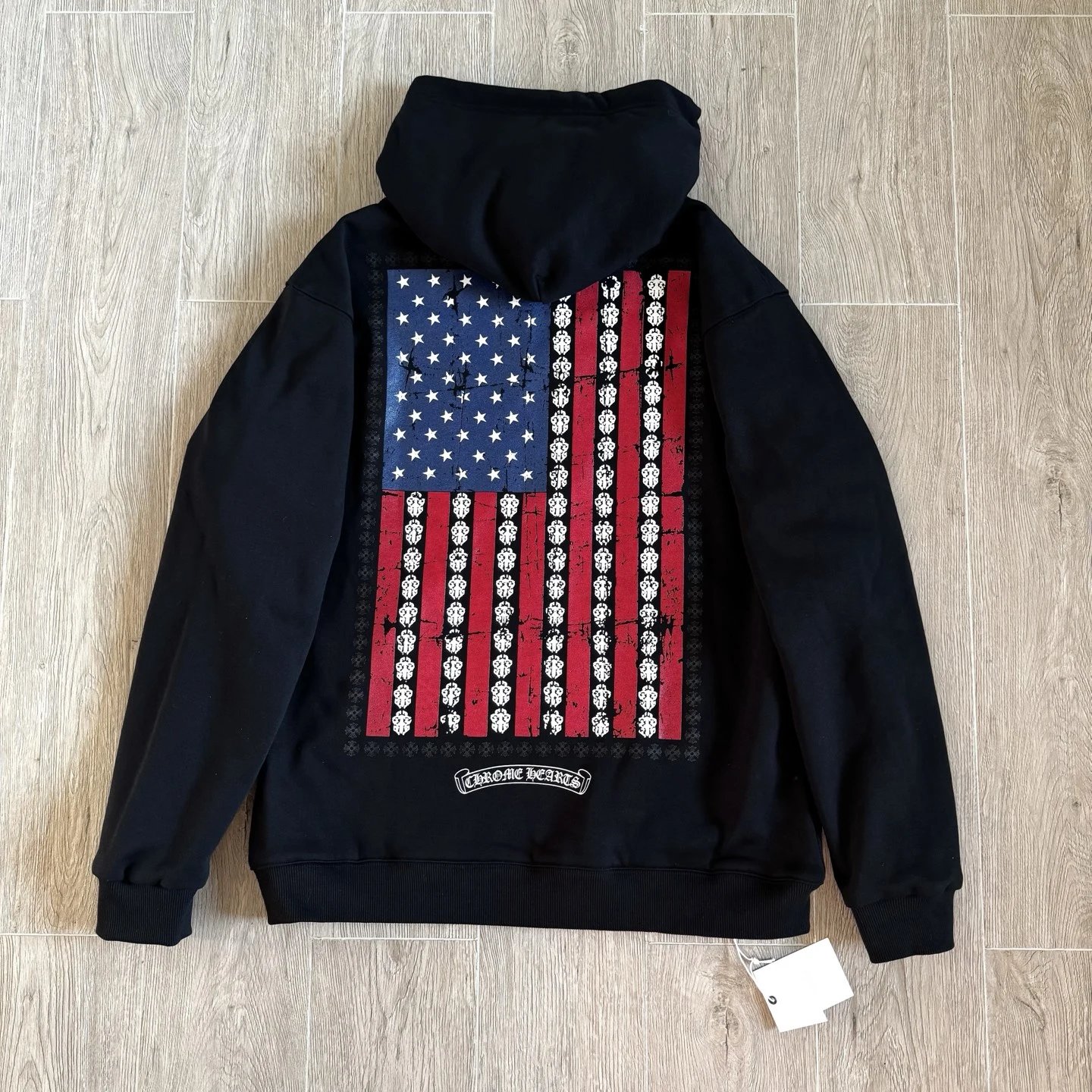 Back incomplete retro distressed American flag with waffle lining and black zipper hooded sweatshirt