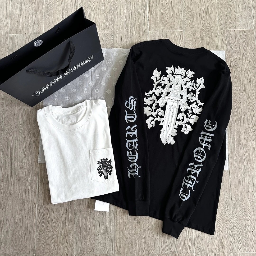 Chrome Hearts Long Sleeve T-Shirt with Silver Foil Sanskrit Vine Print