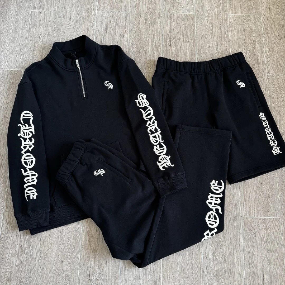 New 25FW Sanskrit letter embroidery half zipper set series hoodie pants shorts unisex