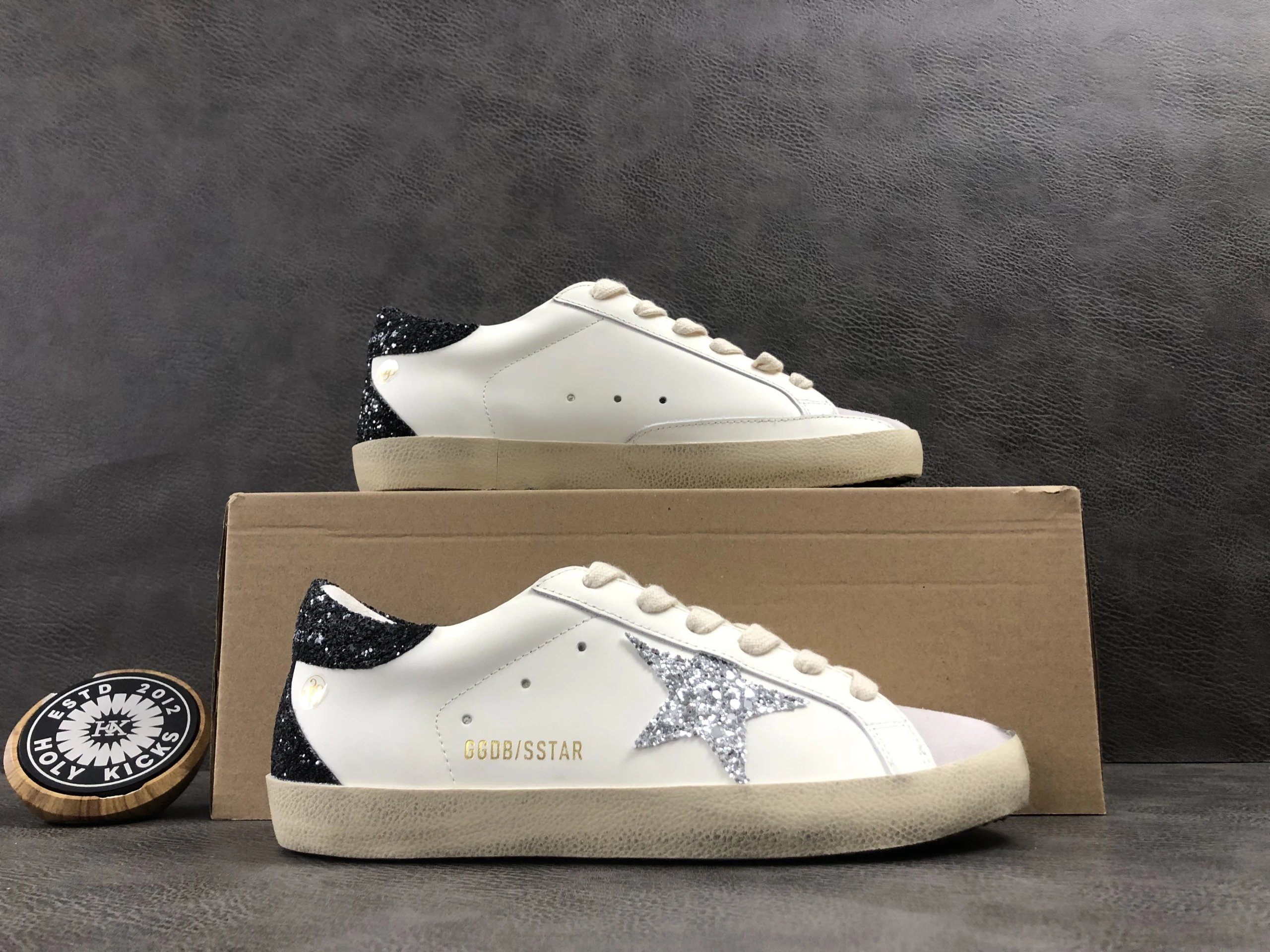 Golden Goose Super-Star OG White Silver Glitter Star Black Glitter Heel