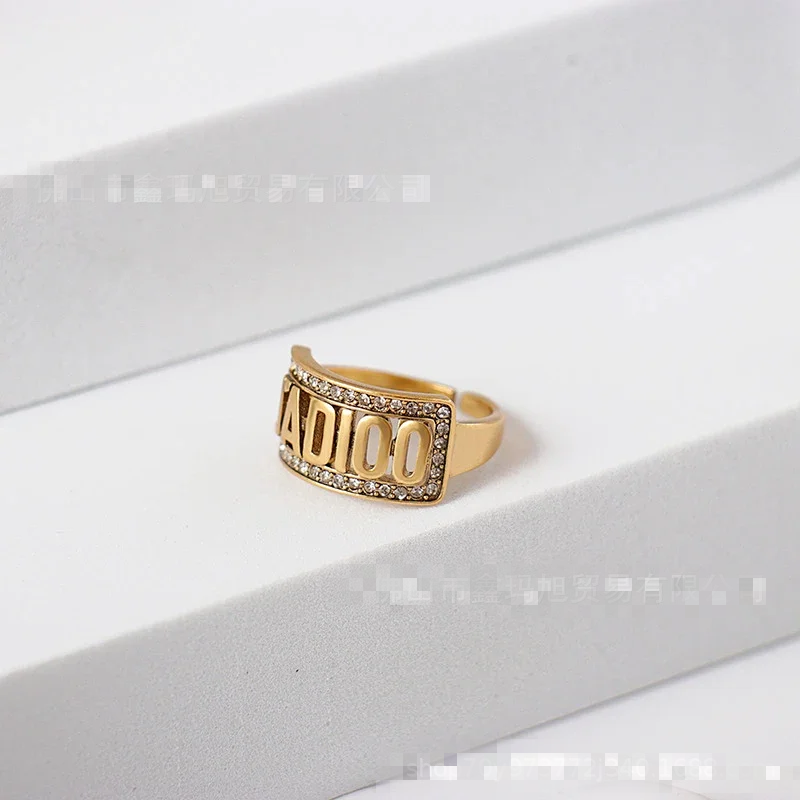 Dior Gold Crystal Logo Ring Unisex Luxury Jewelry