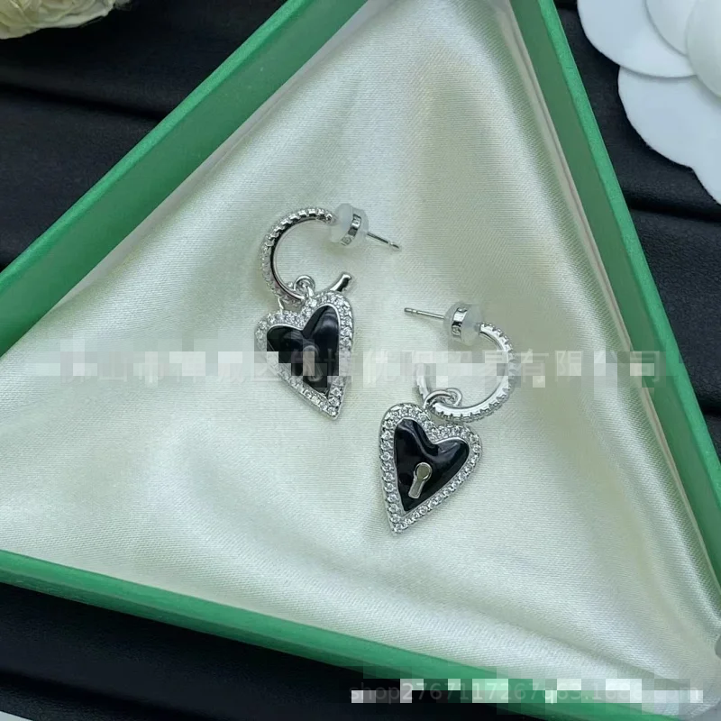 Hefang Black Heart Crystal Silver Enamel Earrings