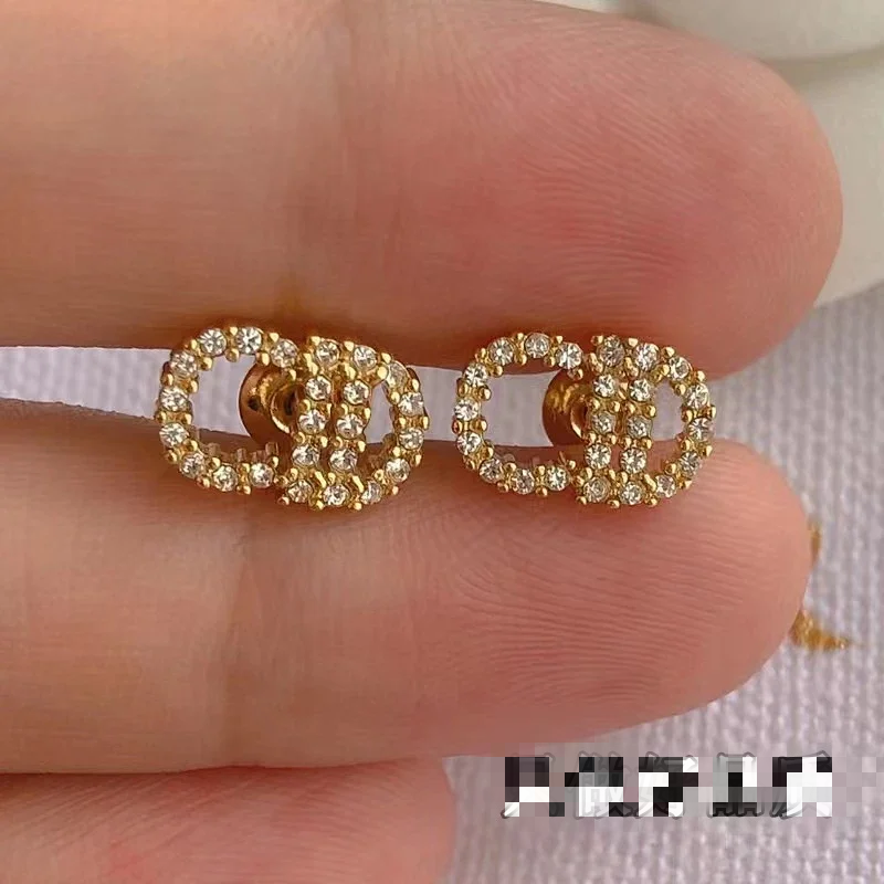 Dior Classic Gold Crystal CD Logo Stud Earrings