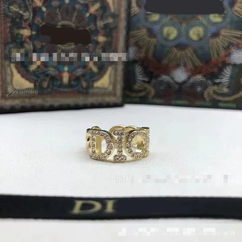 Dior Gold Crystal Letter Ring for Men Women