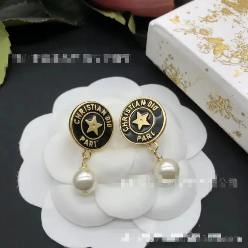 Dior Black Gold Star Pearl Drop Earrings Vintage Style