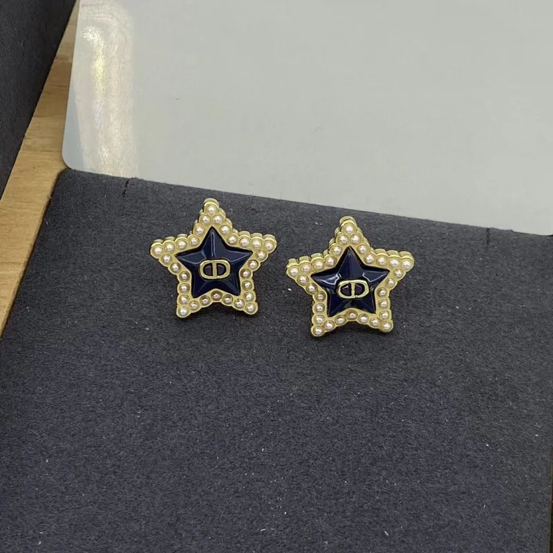Dior Gold Star Pearl Black Enamel Earrings