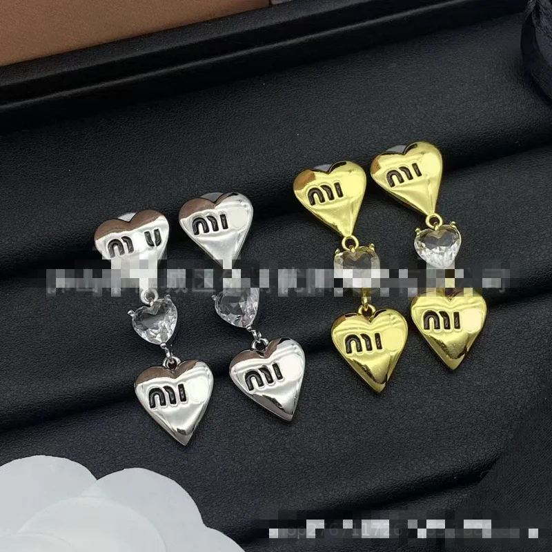 Miu Miu Gold Crystal Heart Drop Earrings