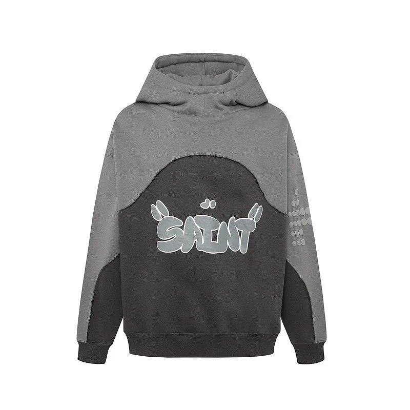 Unbranded Hoodies & Sweatshirts Color-Block Padded Hoodie with SAINT Graphic — Carbon Grey padded