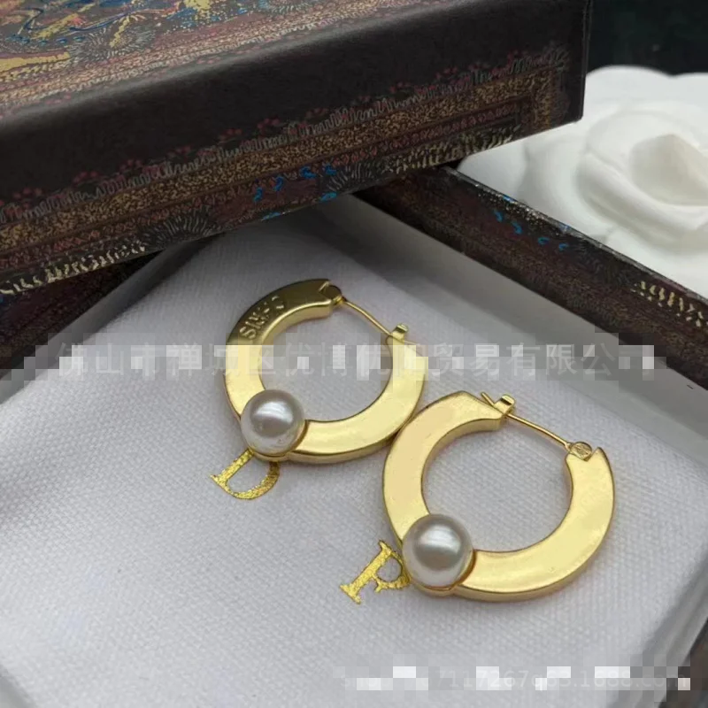 Dior Gold Pearl Hoop Earrings Women Fashion Jewelry