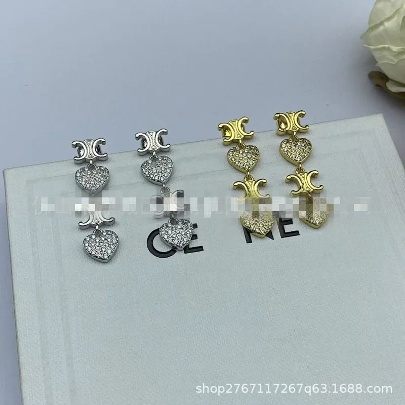 Celine Gold Double Heart Crystal Logo Drop Earrings