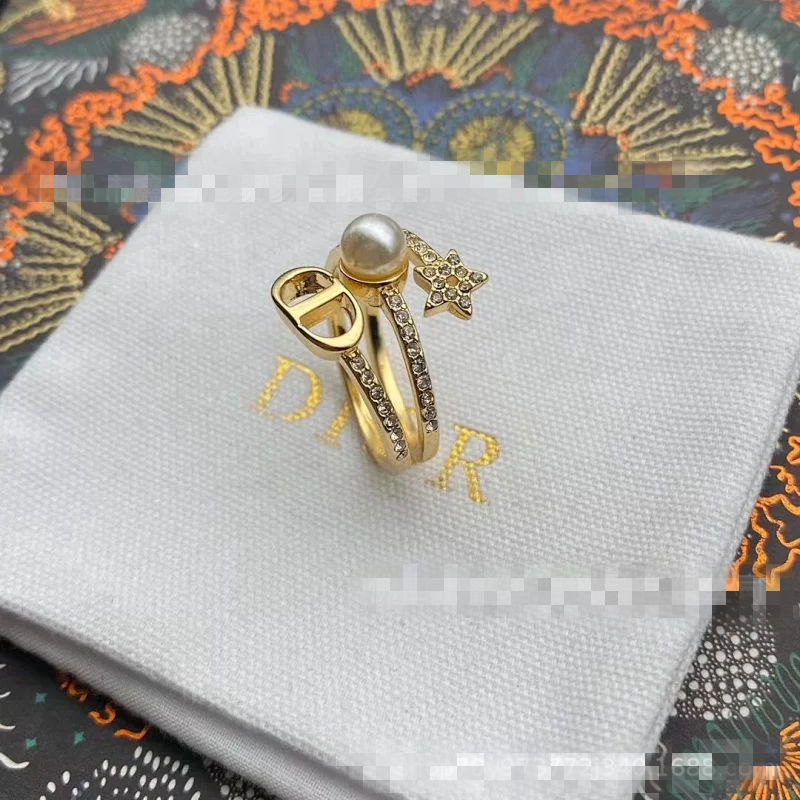 Dior Gold Star Pearl Crystal Double Ring Jewelry