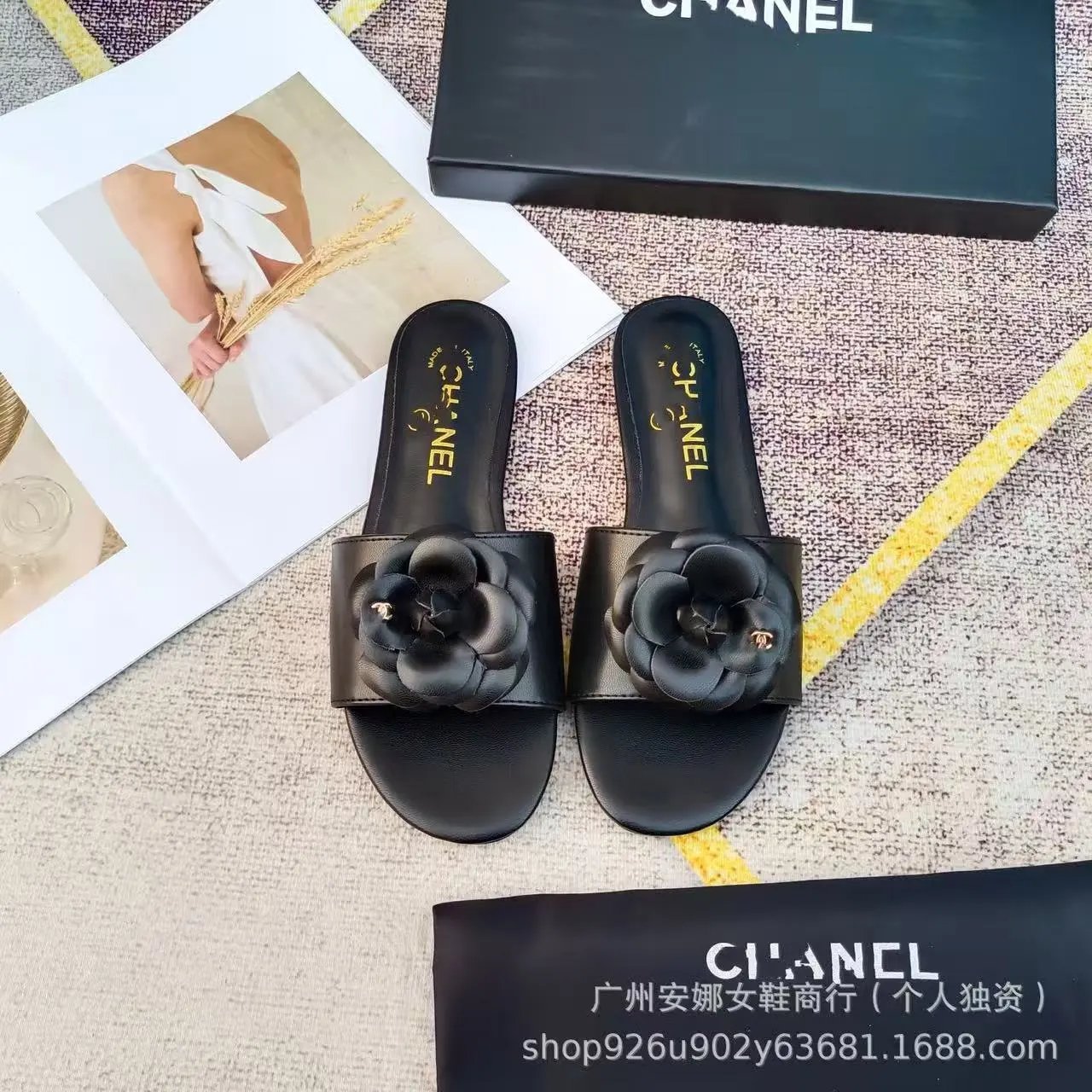 Saint Laurent Sandals Flat slide with gold YSL logo and wide strap — 24