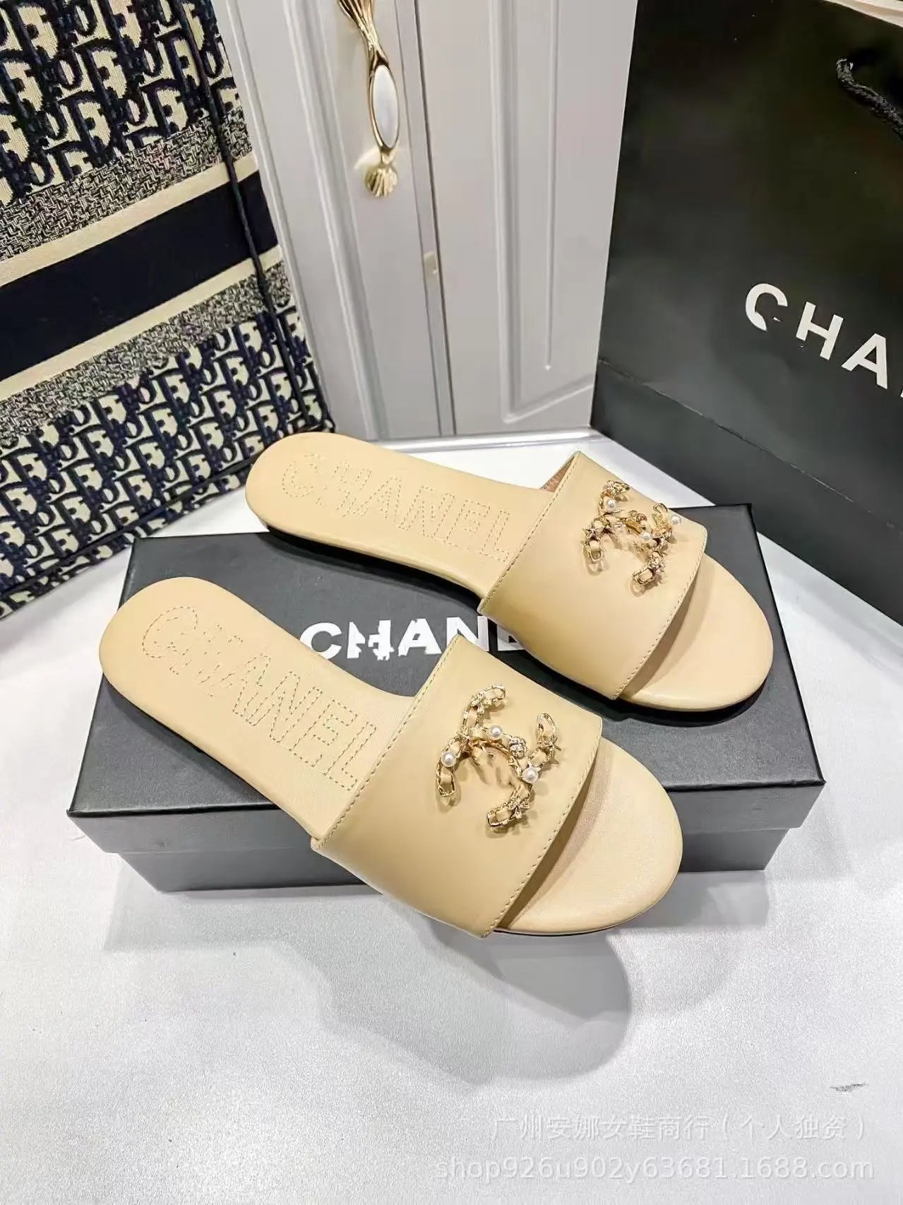 Saint Laurent Sandals Flat slide with gold YSL logo and wide strap — 26