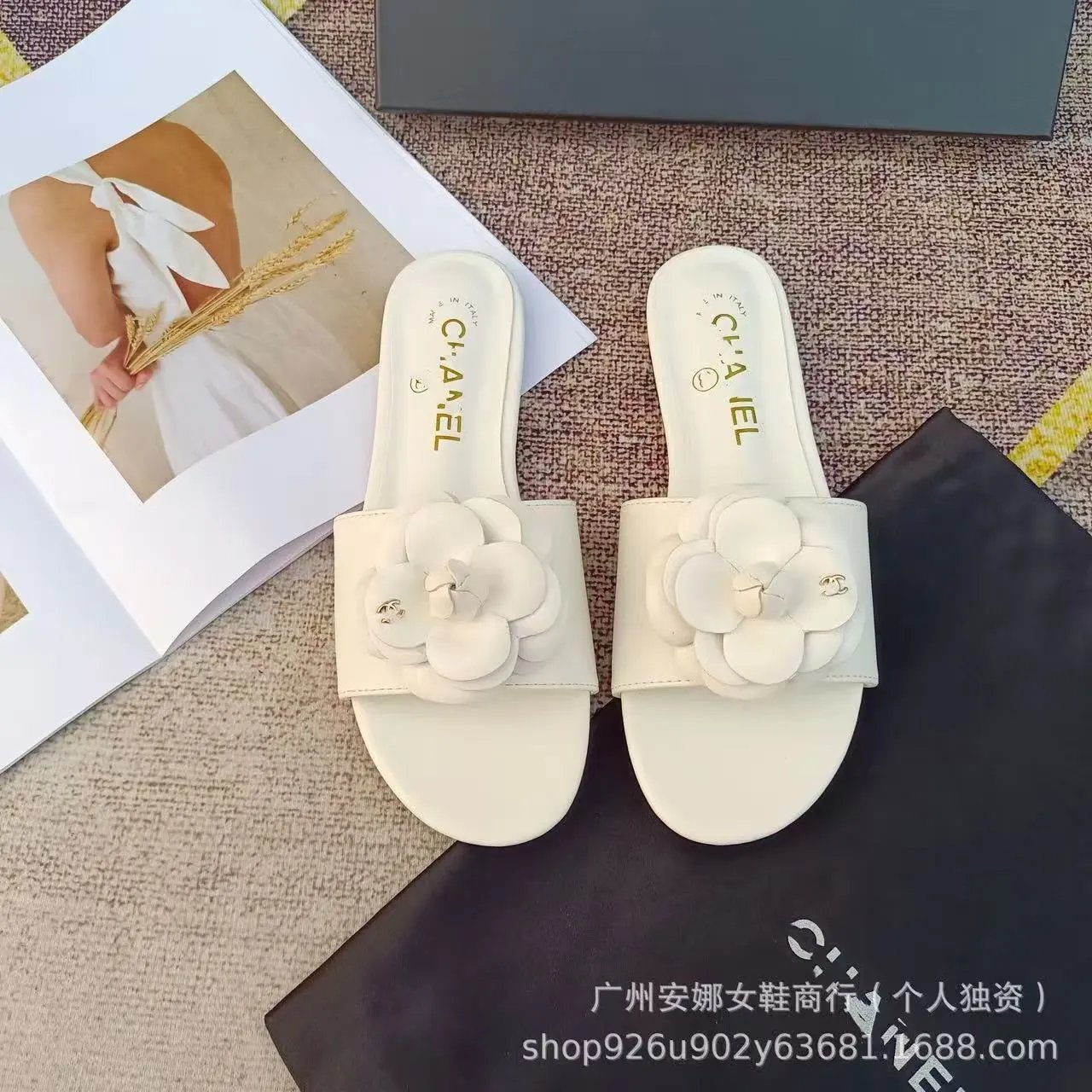 Saint Laurent Sandals Flat slide with gold YSL logo and wide strap — 23