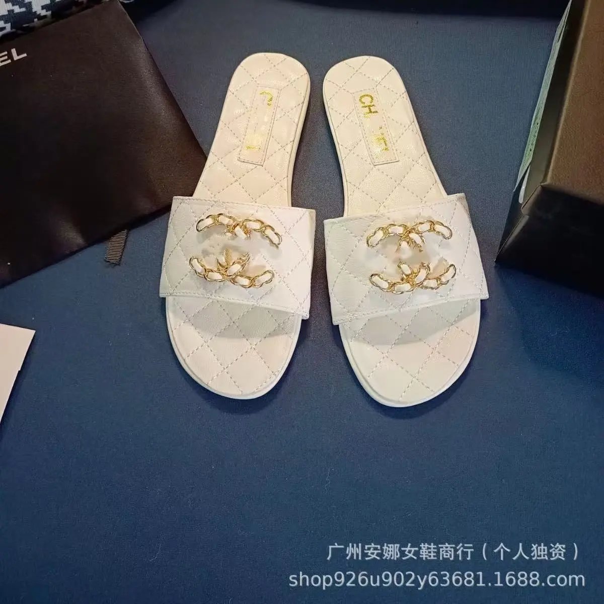 Saint Laurent Sandals Flat slide with gold YSL logo and wide strap — 35