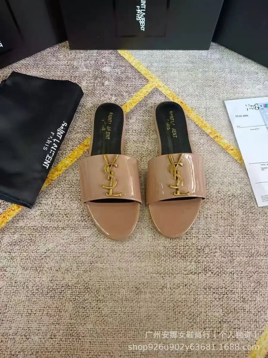 Saint Laurent Sandals Flat slide with gold YSL logo and wide strap — 36