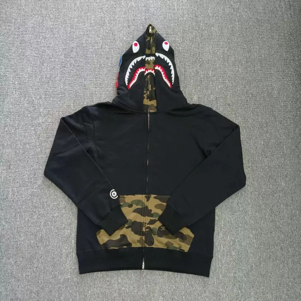 A Bathing Ape Shark Hoodie Black Camo Zip-Up Hoodie - 1