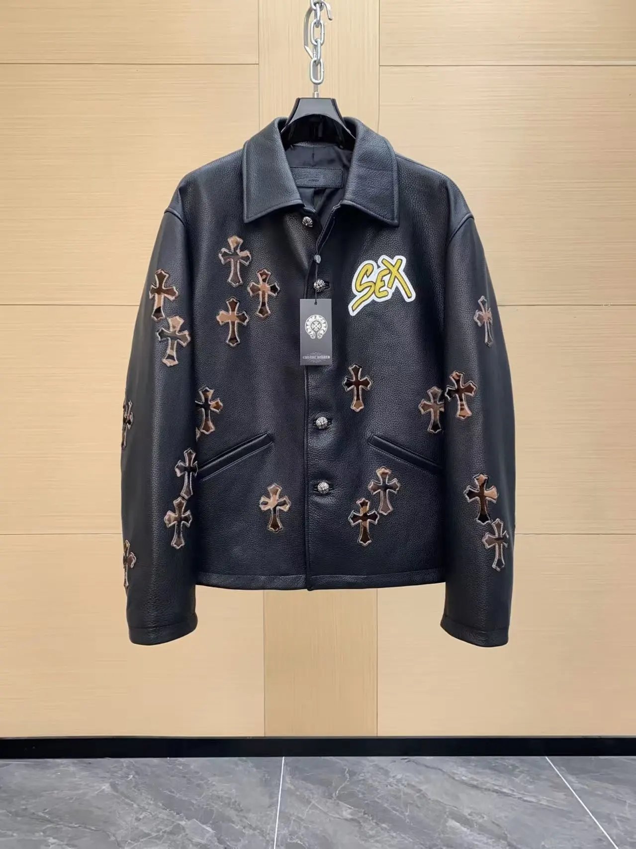 Chrome Hearts Matty Boy Sex Records Leather Jacket Leopard Cross Patches Black