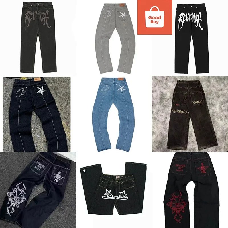 Design Wide-Leg Denim Pants with Blue Flame Embroidery Black Jeans product detail 2 in Litbuy spreadsheet finds