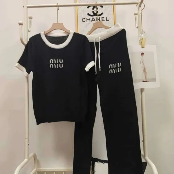 Chanel-Inspired Knit Set Beige with Black Trim Tracksuit - 6