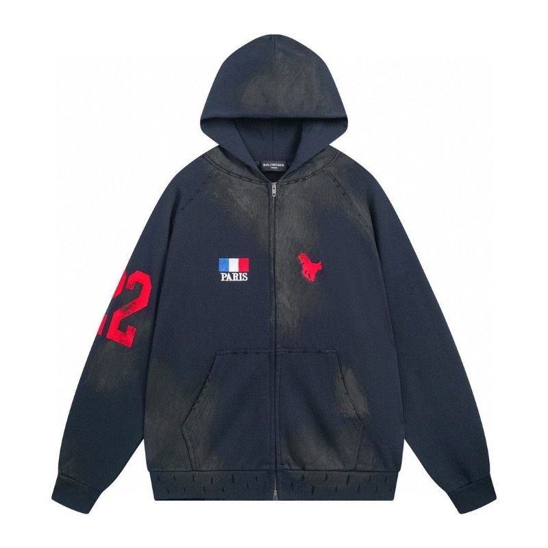 Balenciaga Hoodies & Sweatshirts Zip-Up Hoodie with Horse Embroidery and 22 Graphics — Dark navy blue(Dirty mud)