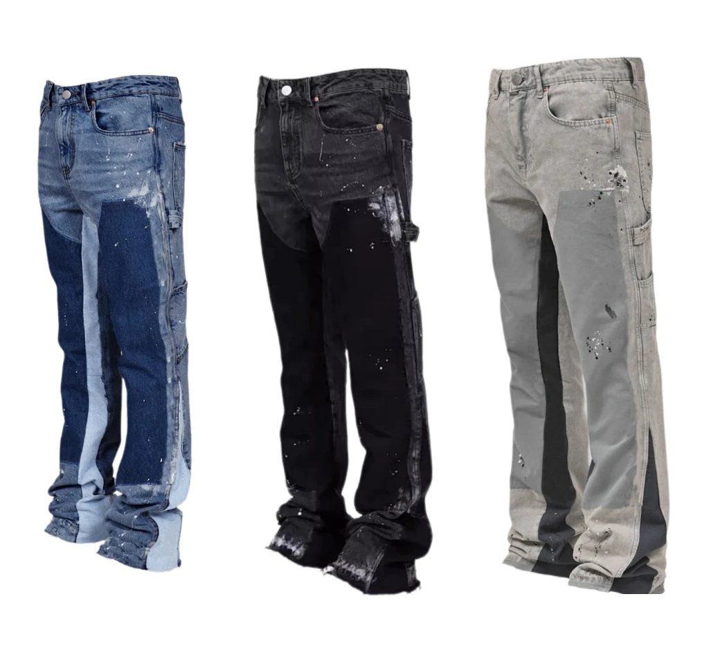 Denim Overalls Stretch Patch Stacked Flare Pants