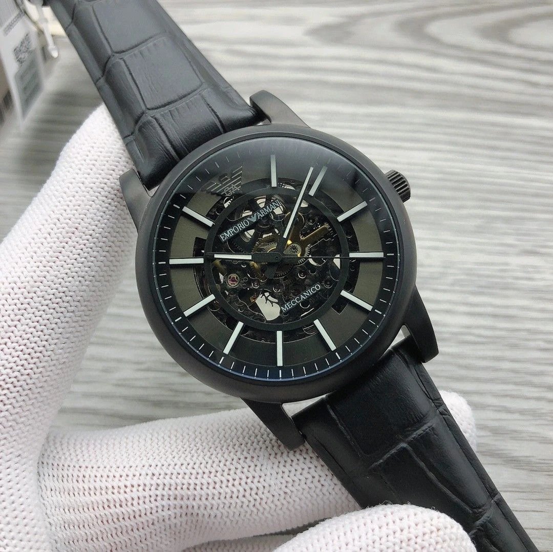 Black Leather Skeleton Watch