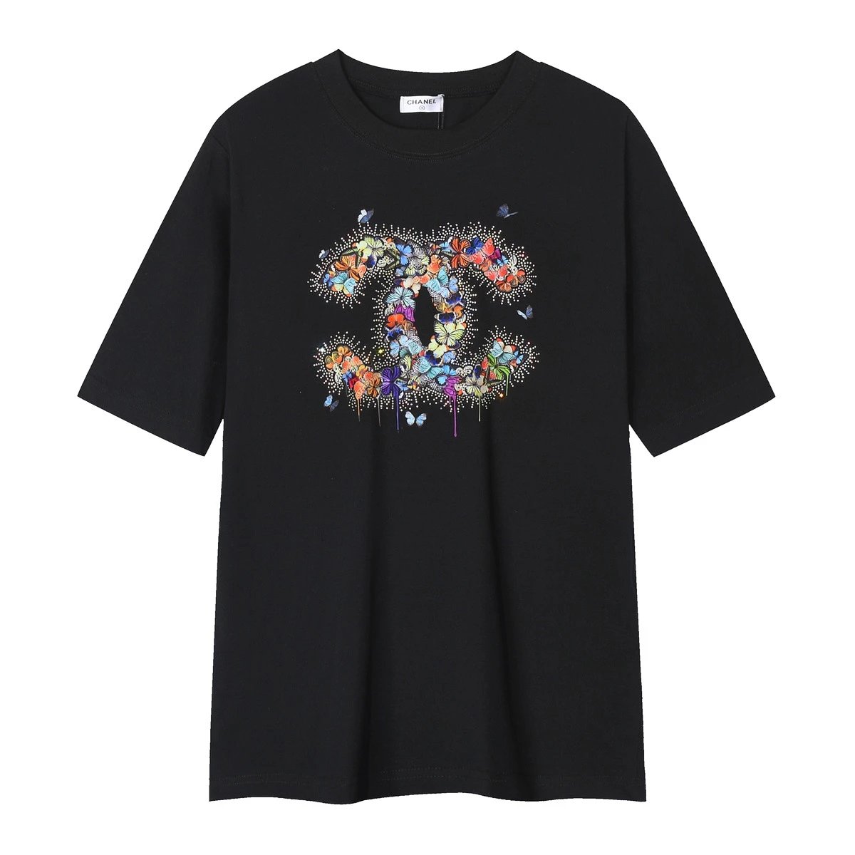 Chanel black short sleeve t-shirt with butterfly graphic logo