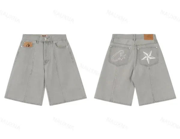 Nauxna Star Embroidery Denim Shorts Gray - 1