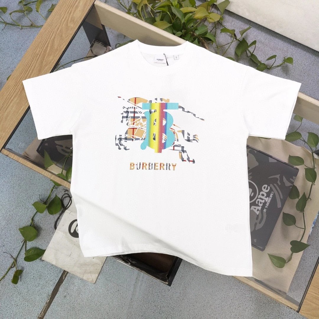 Burberry White Cotton Tee Colorful Knight Logo Unisex Top