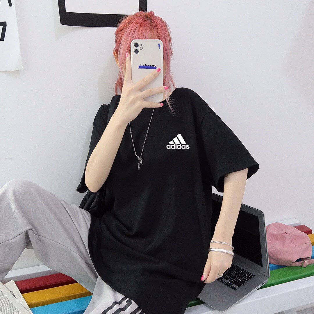 Adidas Black Loose Cotton T-Shirt Unisex Summer Sports Top