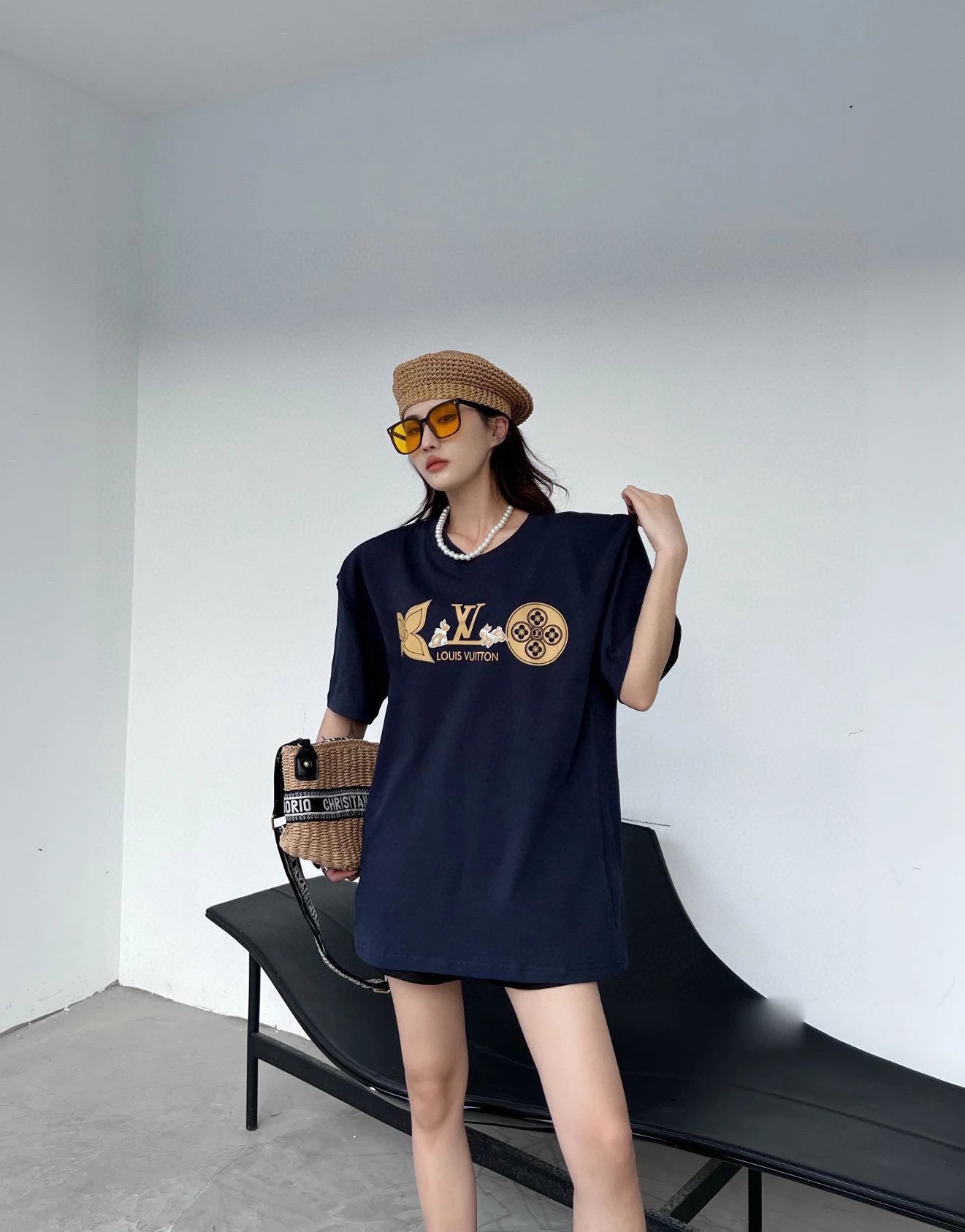 Louis Vuitton Navy Floral LV Logo Unisex T-Shirt