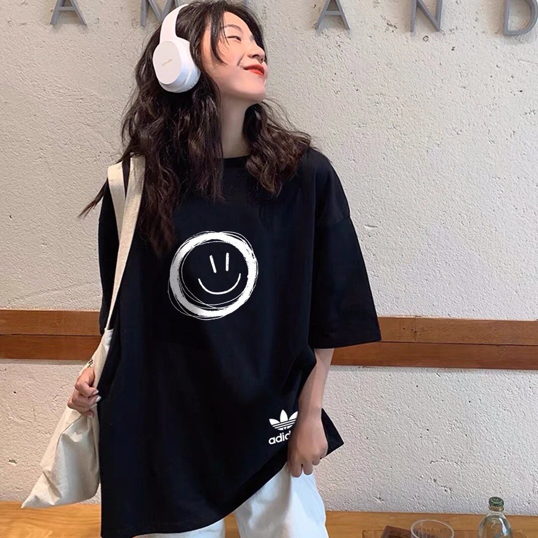 Adidas Black Oversized Smiley Graphic T-Shirt