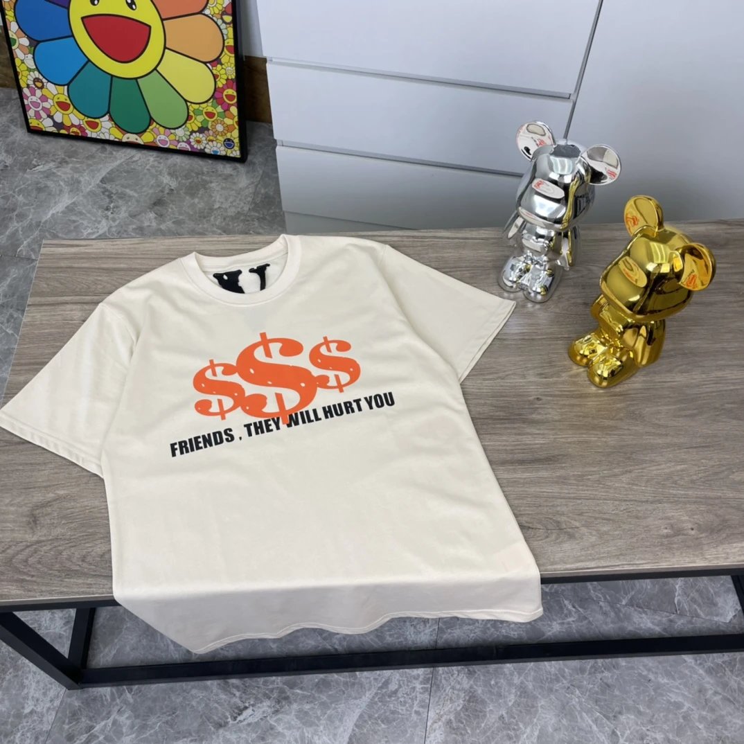 Vlone Off-White Dollar Print Cotton T-Shirt Unisex Summer Top