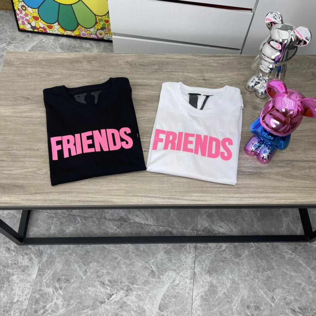 Vlone Friends Pink Letter Cotton T-Shirt Black Streetwear