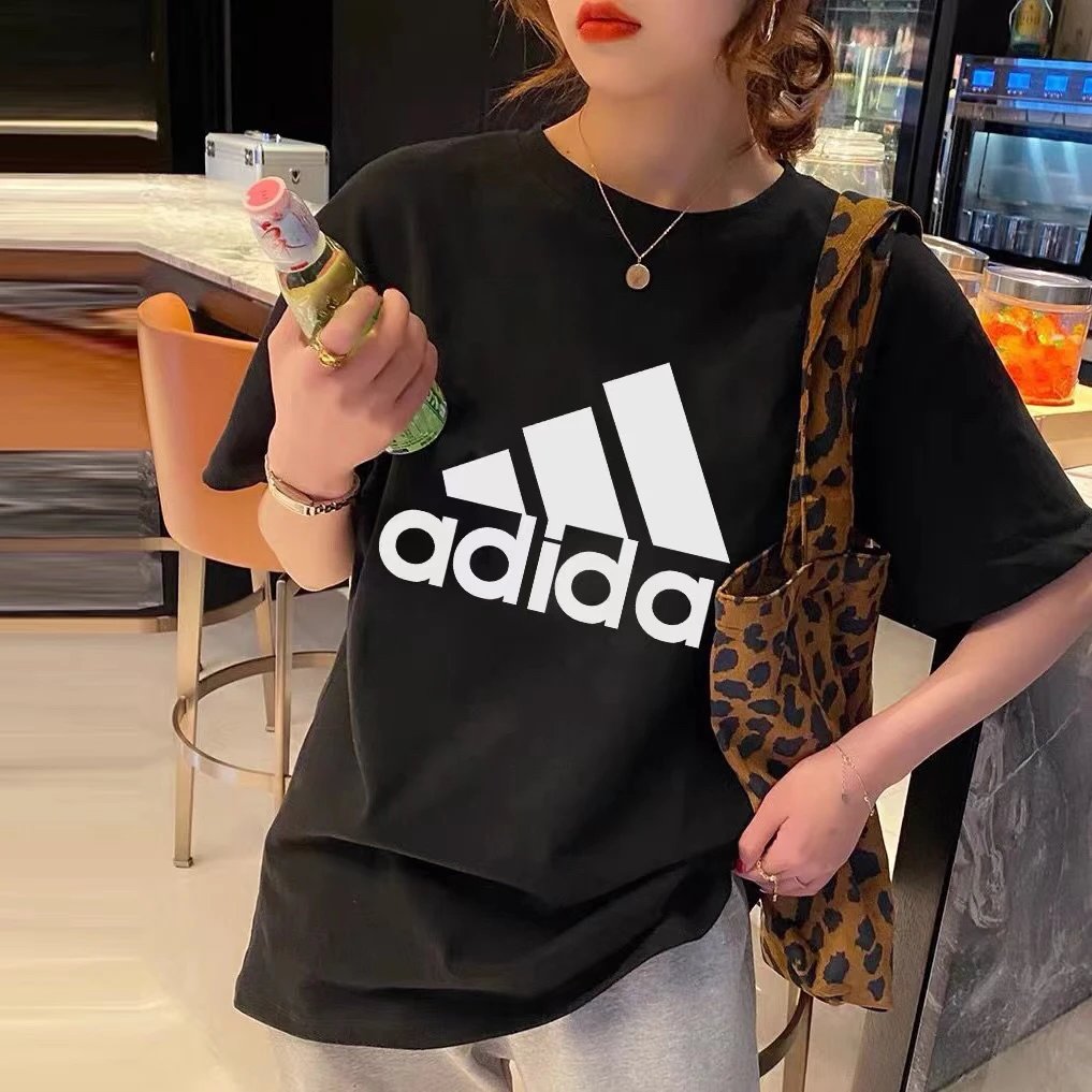 Adidas Black Big Logo Cotton T-Shirt Unisex Loose Top