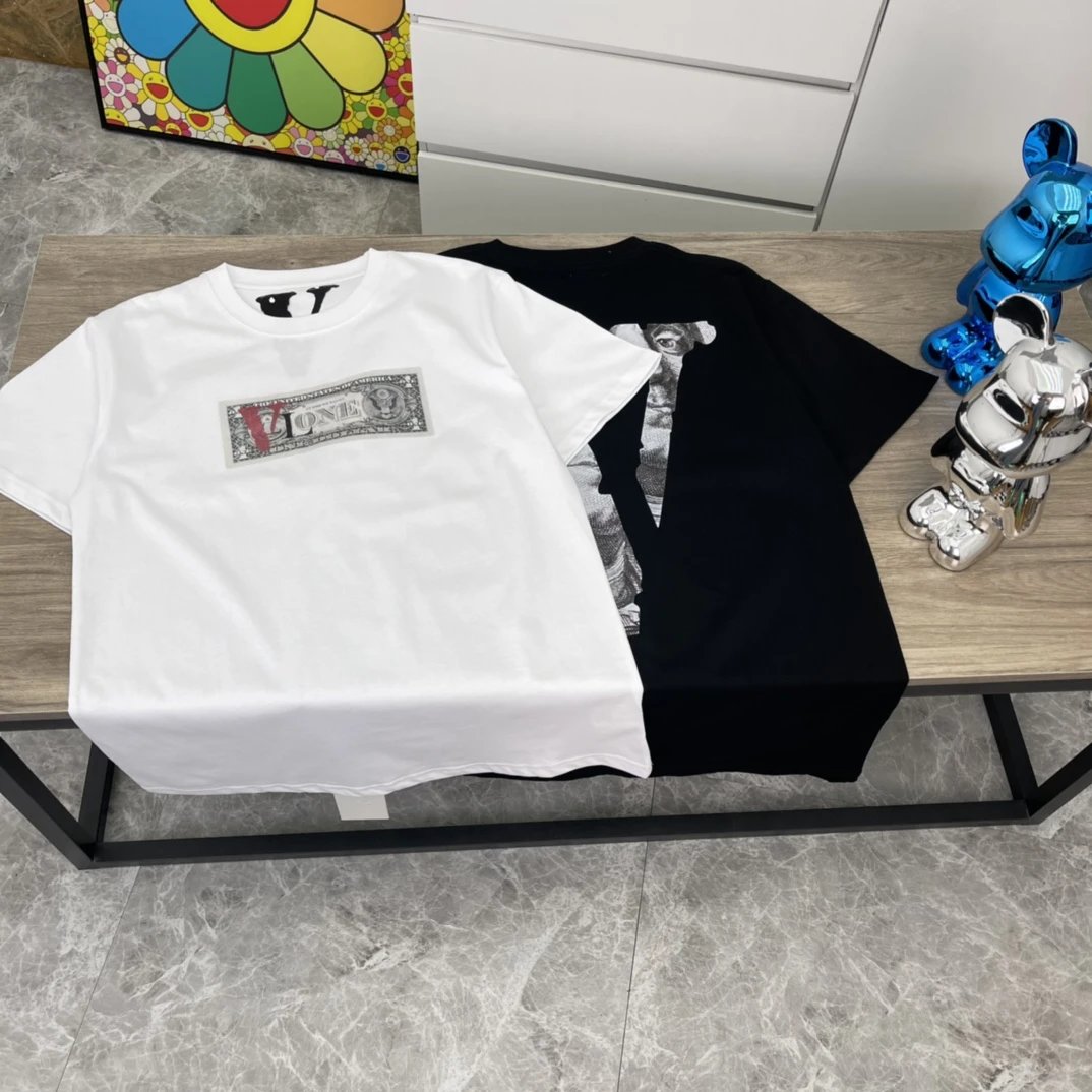 Vlone White Dollar Bill Print Loose Fit T-Shirt