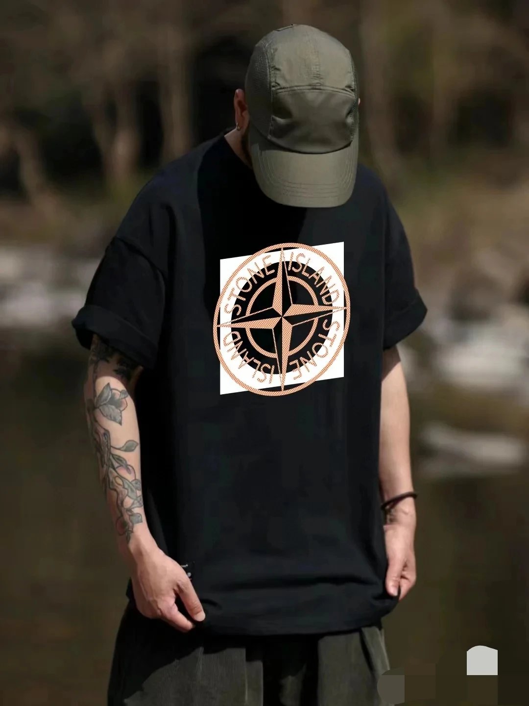 Stone Island Black Cotton Compass Logo Loose T-Shirt